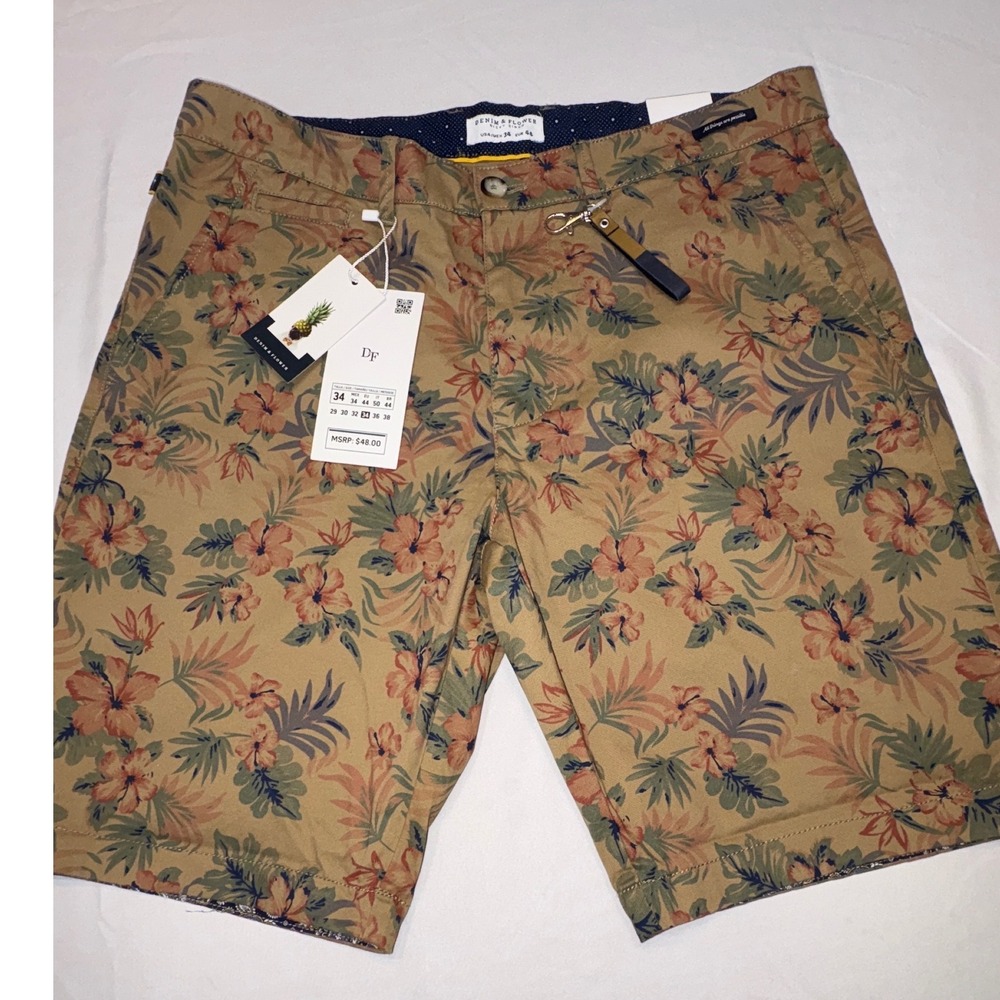 Denim & Flower Ricky Singh Mens 34 Tropical Floral Shorts Khaki Tan Hibiscus NWT